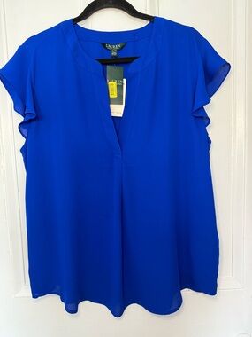 Lauren Ralph Lauren NWT Royal Blue Flutter Sleeve Blouse XL